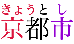 「京都市」の各文字にルビを付けたもの。ルビのフォントサイズが中間なので、最初の親文字（京）に付されたルビ（きょう）は親文字より広く、二番目の親文字（都）の上にはみ出しています。「都」に付されたルビ（と）は、やや右に寄っていますが、「都」の右端を超えることはありません。三番目の親文字（市）とそれに付されたルビ（し）は影響を受けません。