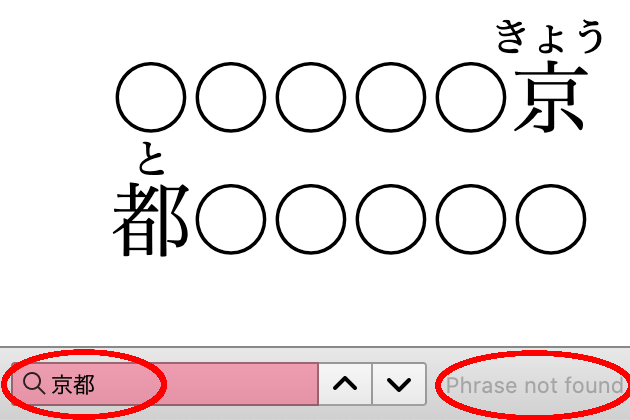 ウェブページに表示されているルビ付きの単語が、同じテキスト（京都）を検索しても見つからない。
